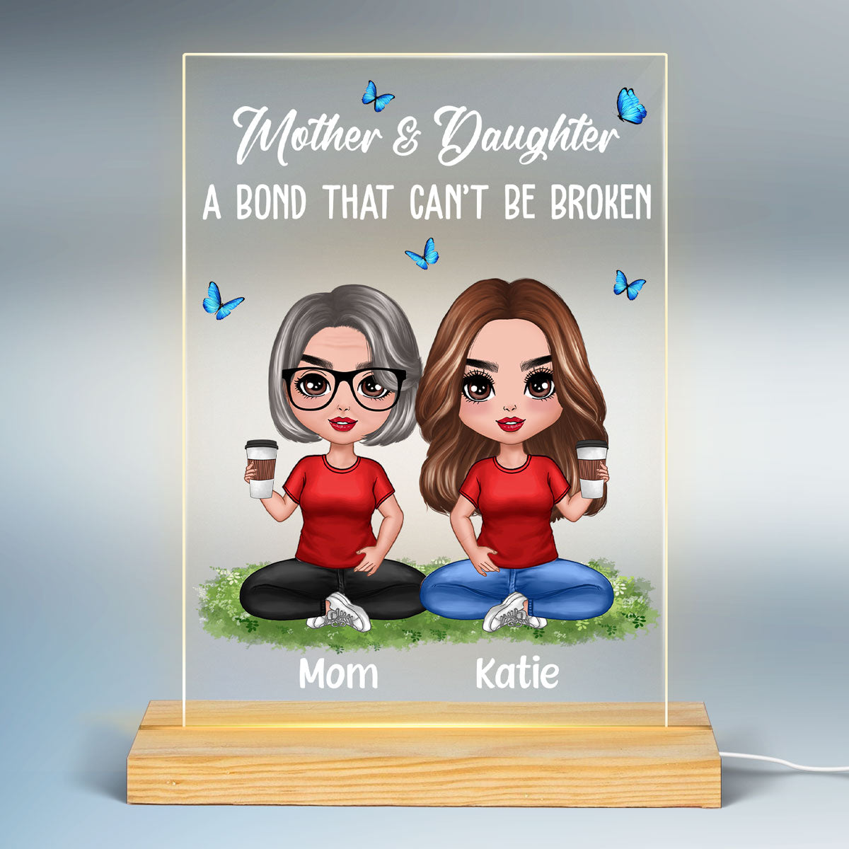 Doll Mom And Daughters Sitting On Grass Bond That Can‘t Be Broken Personalized Rectangle Acrylic Plaque LED Night Light