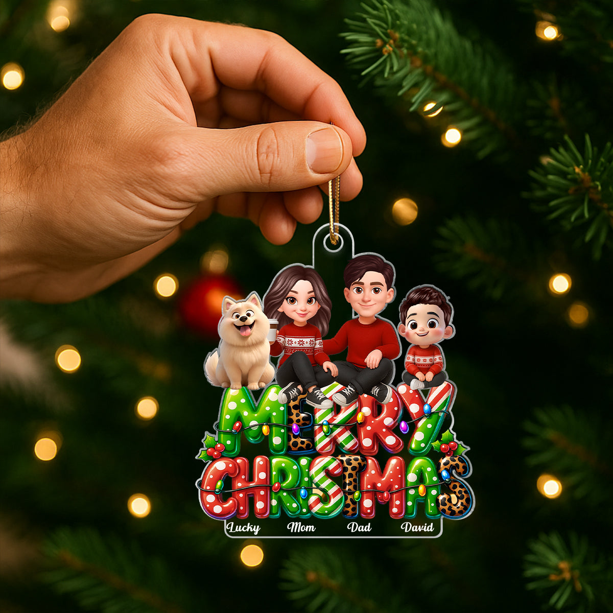 Merry Christmas 2025 Family Sitting on Text Personalized Acrylic Ornament, Christmas Gift for Husband, Wife, Kid