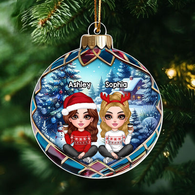 Realistic Christmas Winter Scene Besties Sisters Personalized Acrylic Ornament, Christmas Gift for Besties, Sisters, Friends