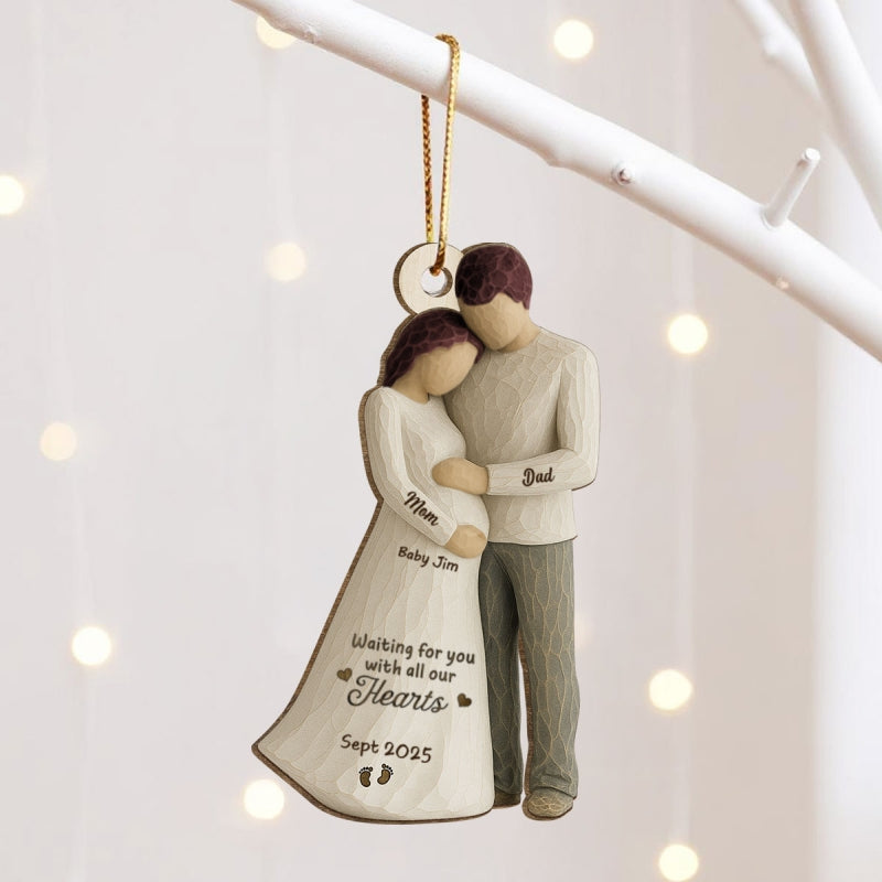 2D Flat Waiting For You With All Our Hearts Couple Expecting Baby - Personalized Wooden Ornament, Baby Shower Gift For Parents-to-be