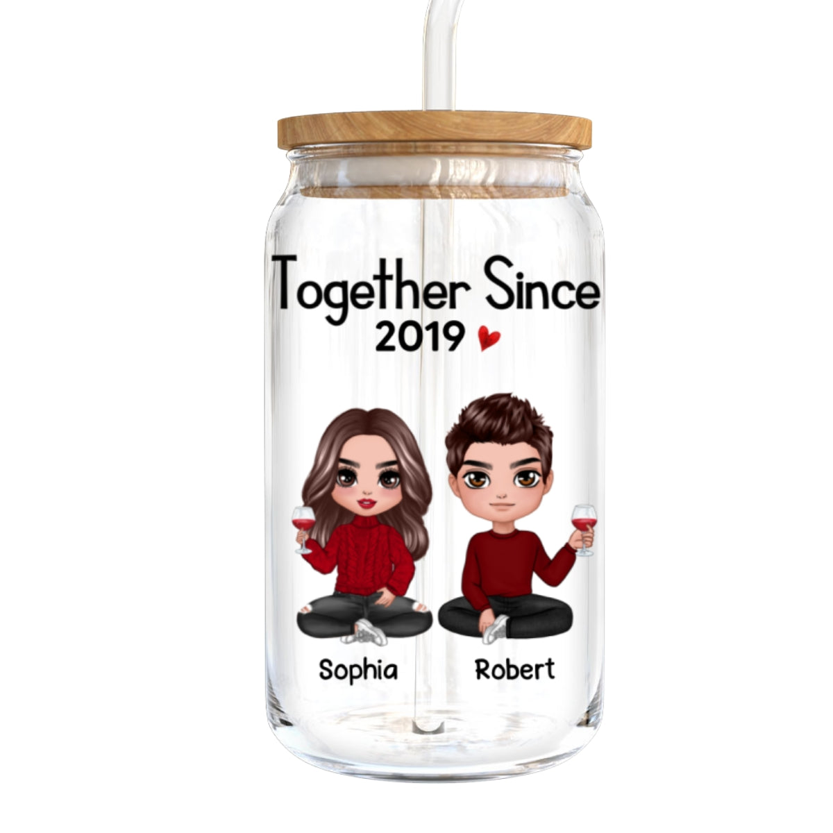 Doll Couple Sitting Anniversary Gift For Couples Personalized Clear Glass Can