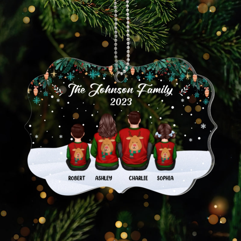 Green Snowflake Family Sitting Back View Personalized Acrylic Ornament
