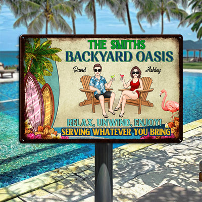 Backyard Oasis Serving Whatever You Bring, Personalized Metal Sign, Patio Decor, Pool Sign, Tiki Bar
