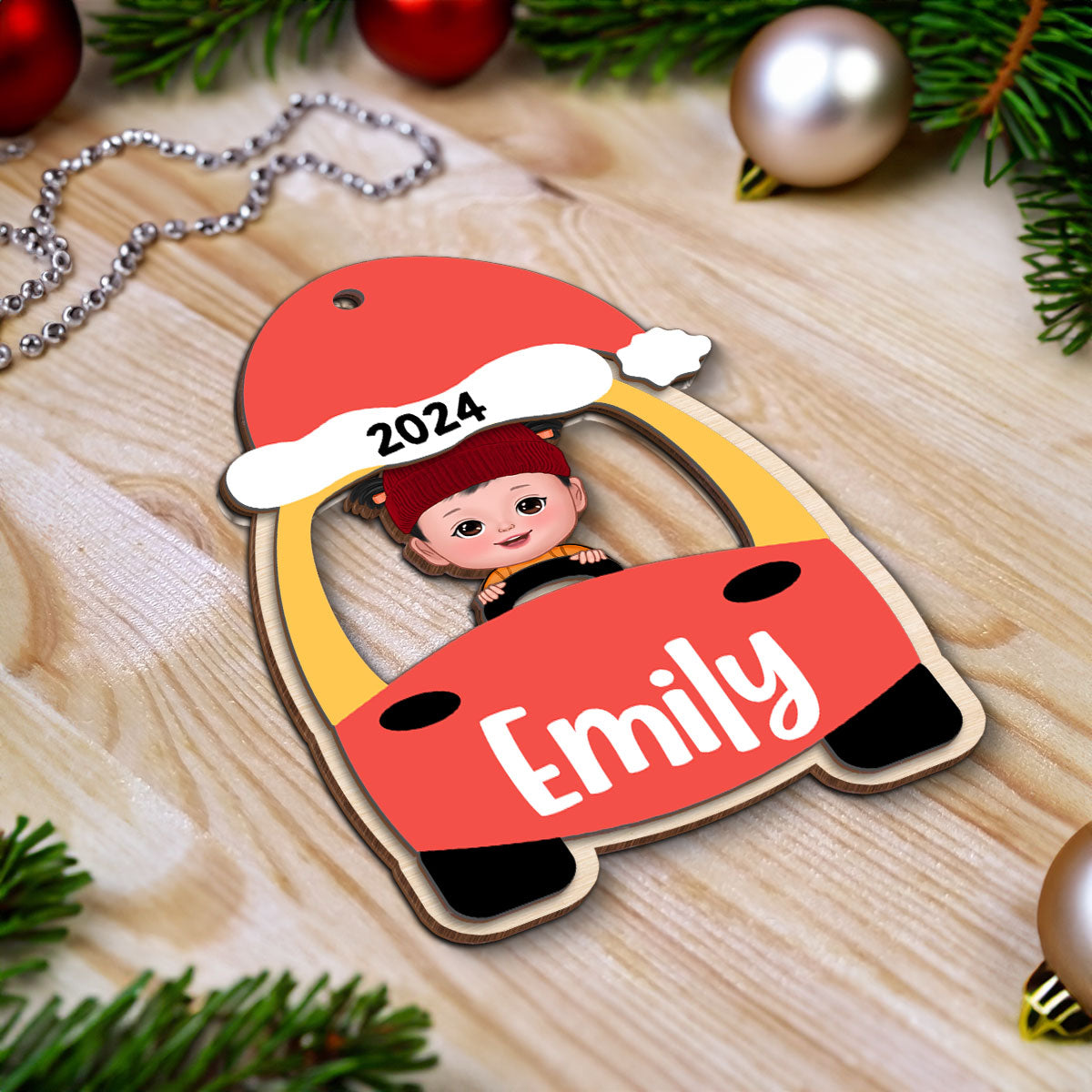 Kid On Christmas Toy Car First Christmas Personalized 2-Layer Wooden Ornament