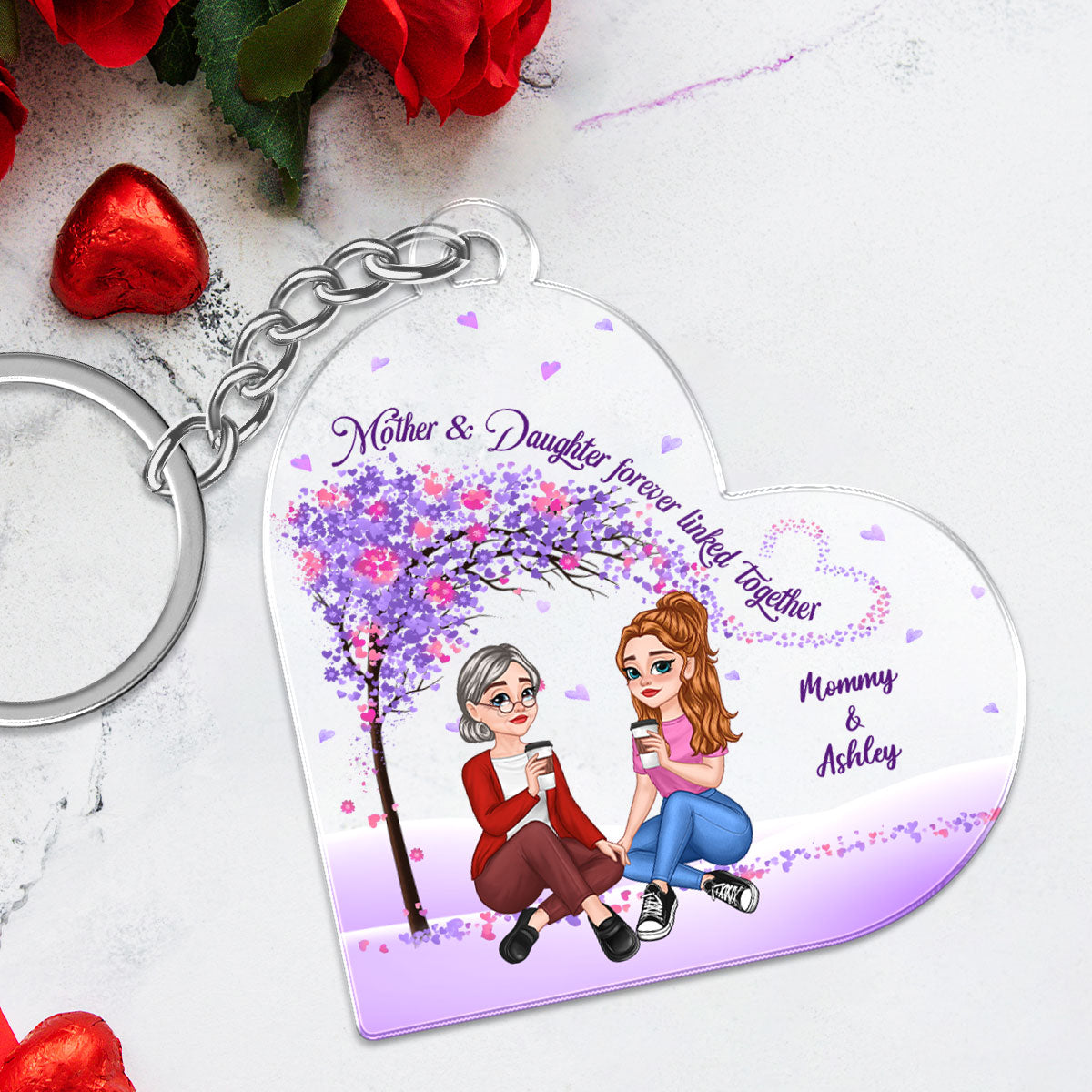 Pretty Cartoon Mom Daughter Sitting Under Purple Tree Personalized Acrylic Keychain