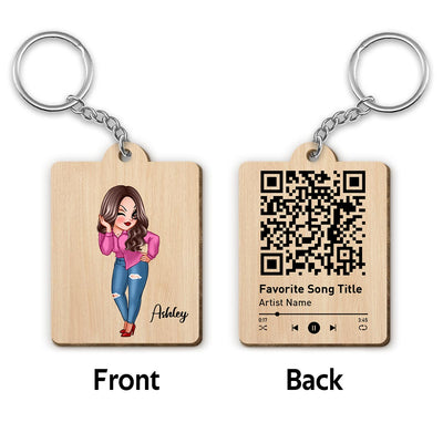 Custom Character Family Members Favorite Song Scannable QR Code Birthday Gift For Family FriendsPersonalized Wooden Keychain