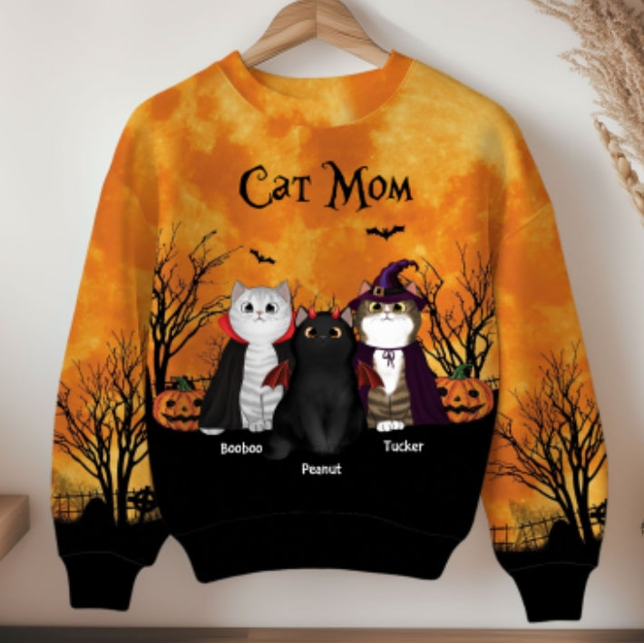 Cat Mom Halloween Moon Light Bat Tree Personalized Sweatshirt, Purrfect Costume for Cat Lover