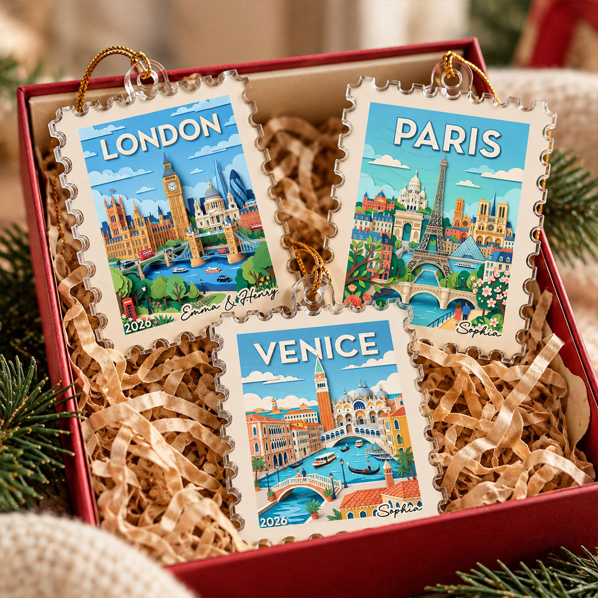 Any City Landscape Stamp - Personalized Acrylic Ornament - Travel Keepsake For Travel Lover