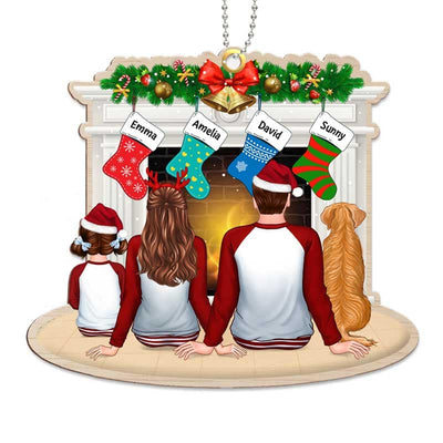 Pajamas Family Christmas Stockings Fireplace Personalize Wooden Ornament