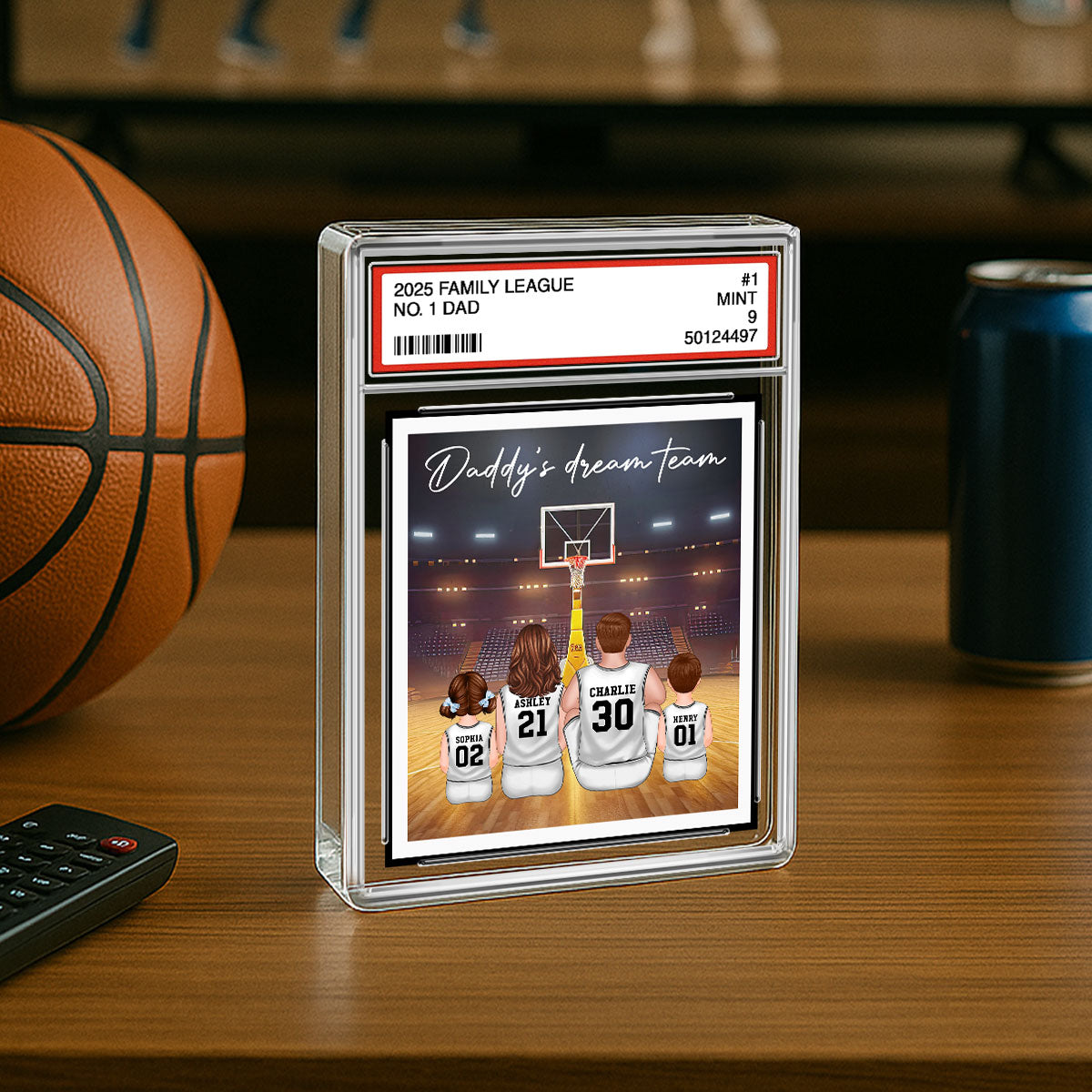 Basketball Daddy's Dream Team No. 1 Dad Man & Kids Sitting Trading Card Style - Personalized Acrylic Block Plaque