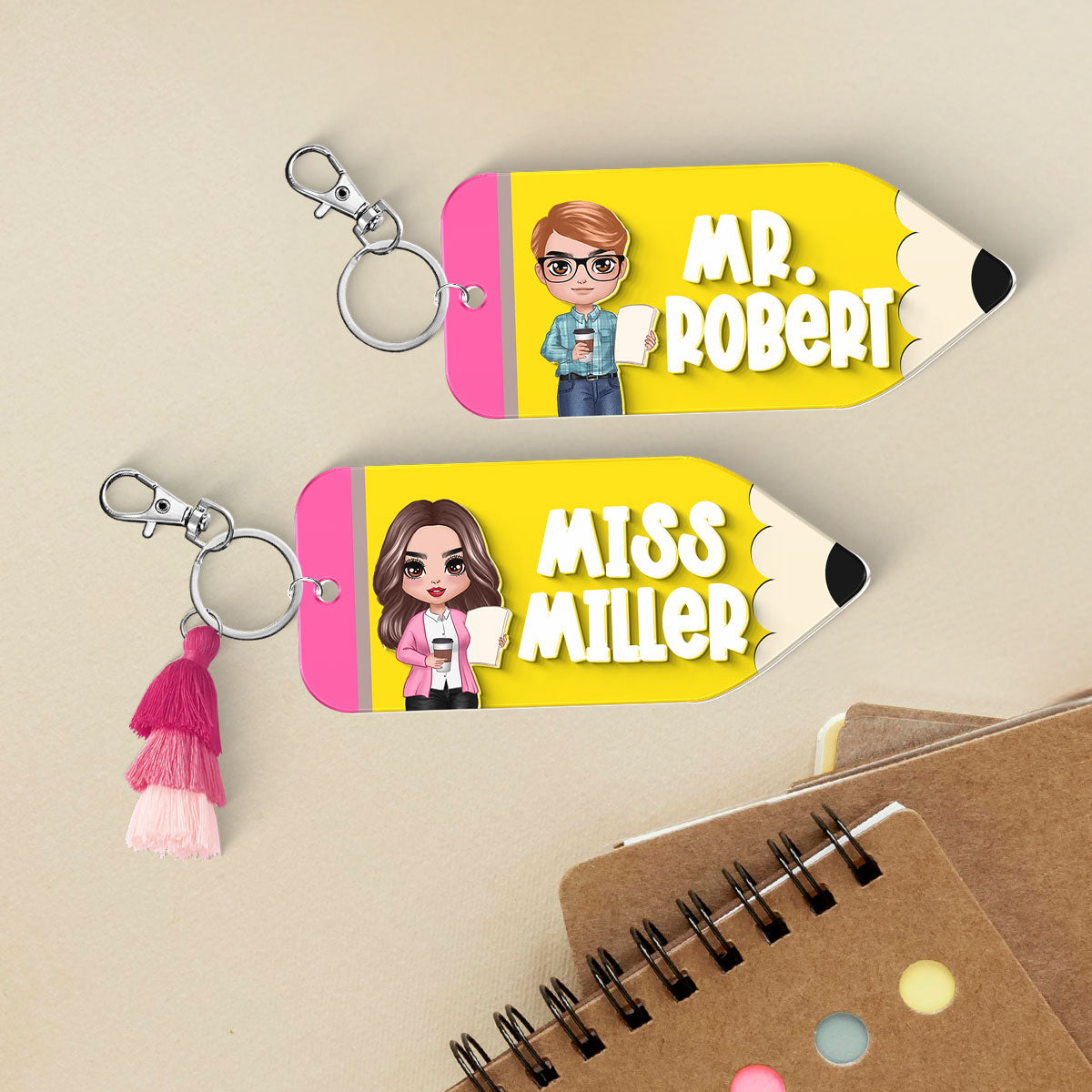 Doll Teacher Pencil Shaped Personalized 2-Layer Acrylic Keychain