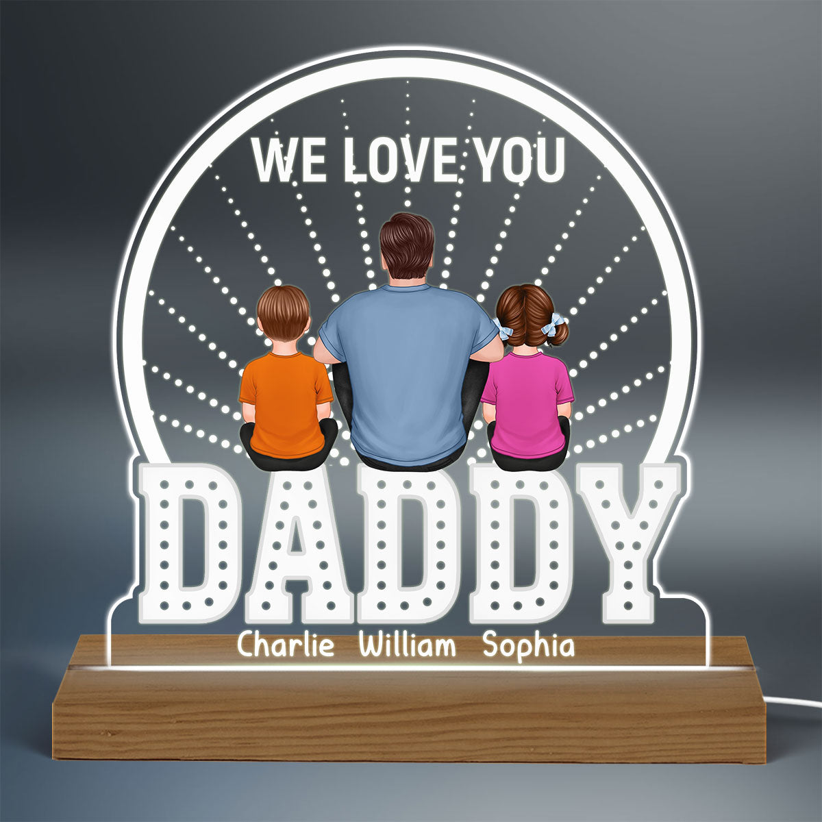Back View Man Sitting With Kids Dogs Cats Sitting On Words Personalized Custom Shape Acrylic Plaque Warm LED Night Light