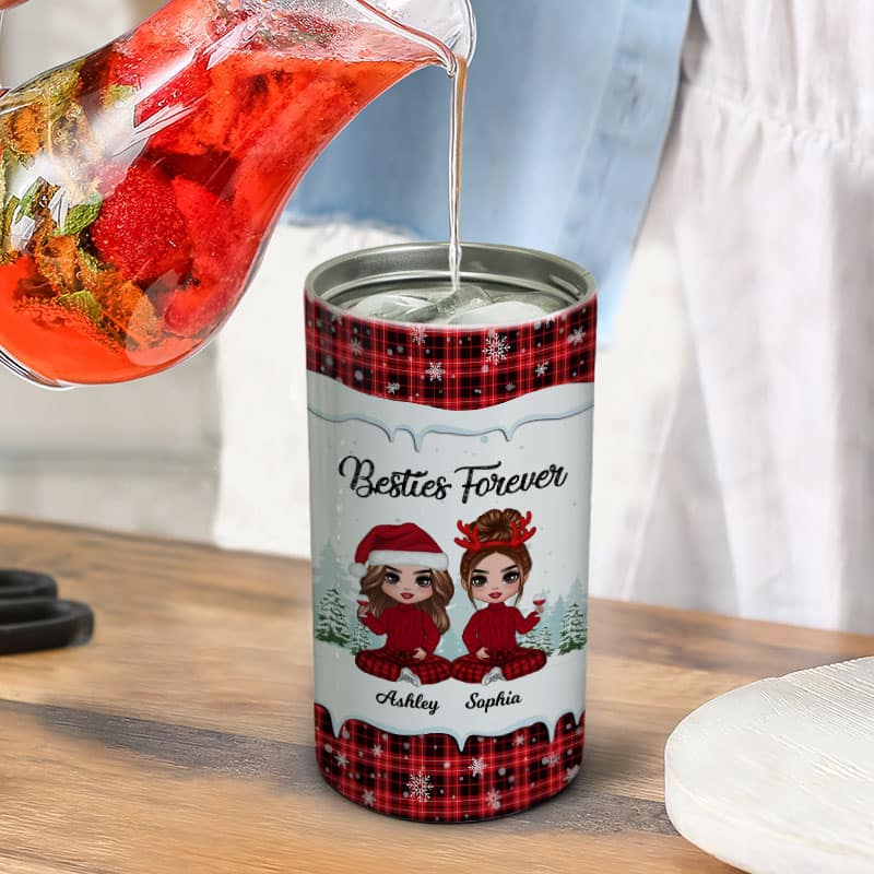 Checkered Pattern Besties Sisters Personalized 4 In 1 Can Cooler