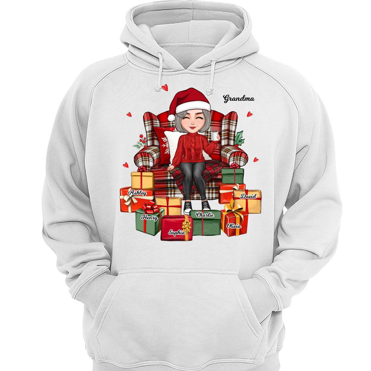 Christmas Cute Grandma Sitting On Chair Favorite Gifts Kids Names Personalized Shirt