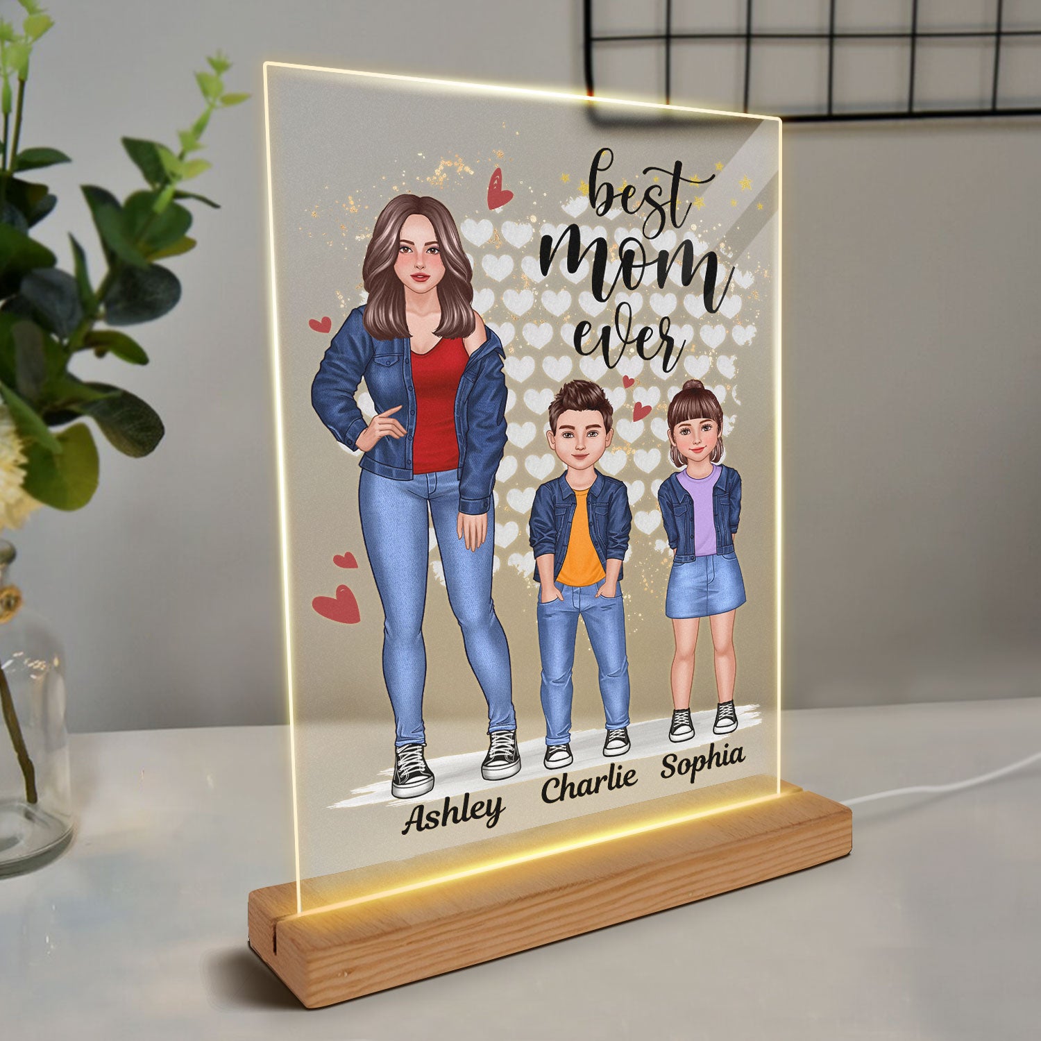 Mom And Kids Standing Front View Personalized Rectangle Acrylic LED Night Light