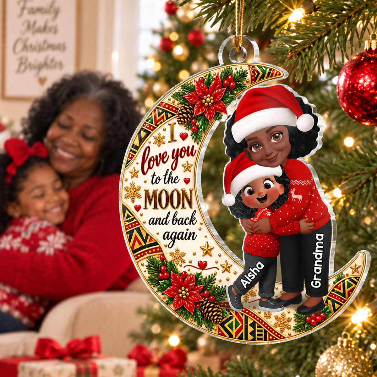 Tribal Pattern Christmas Grandma Grandkid Love You To The Moon And Back - Personalized Acrylic Ornament - Sentimental Meaningful Gift For Grandma, Grandkids, Grandsons, Granddaughters