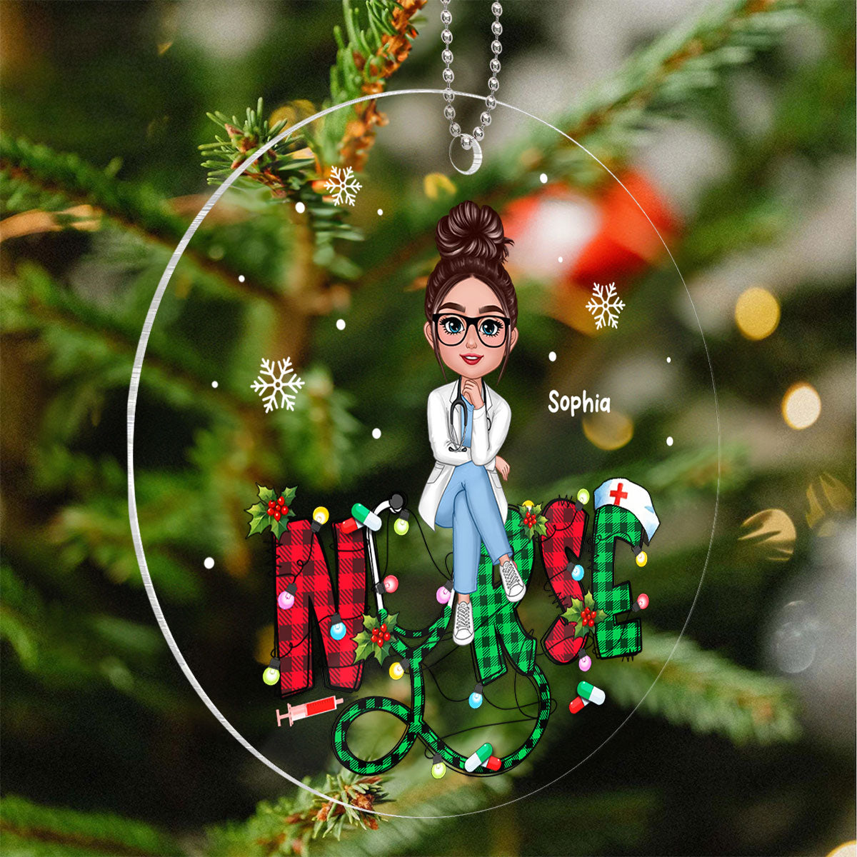 Sitting Nurse Christmas Pattern Personalized Acrylic Ornament, Christmas Gift For Nurses