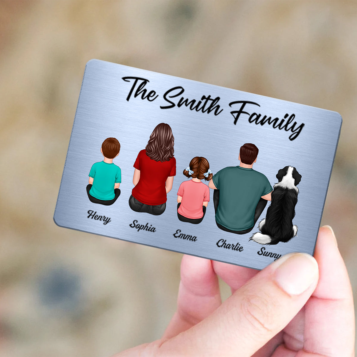 Family Sitting Back View Couple Kid Dog Cat Personalized Wallet Insert Metal Wallet Card