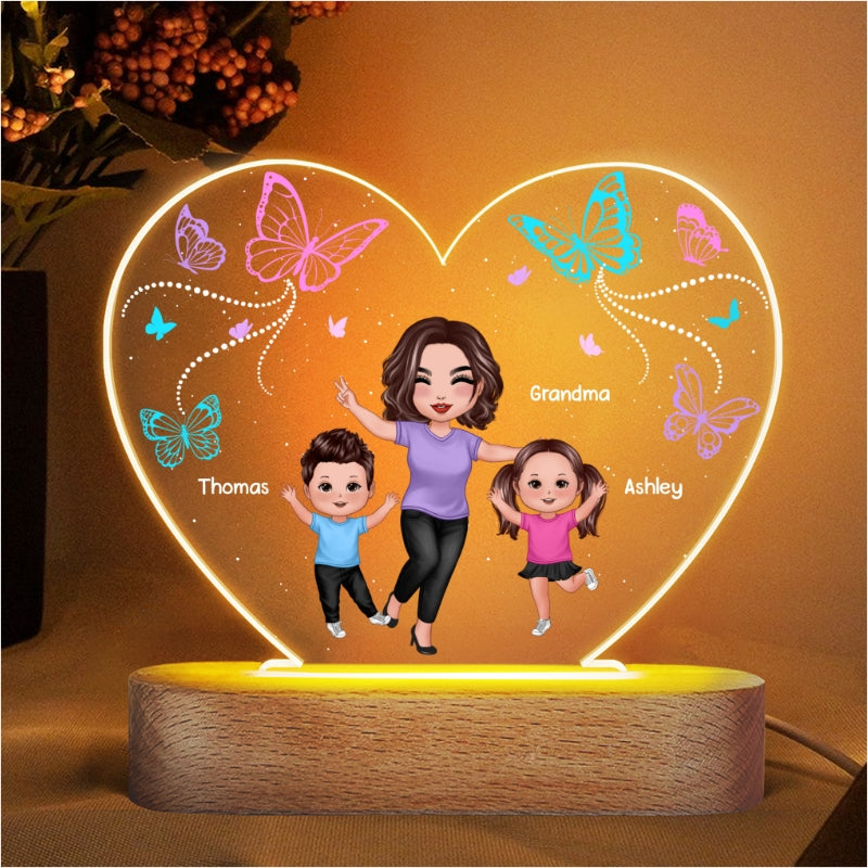 Butterflies Happy Doll Grandma Mom And Kids Personalized Heart Acrylic Plaque Warm LED Night Light