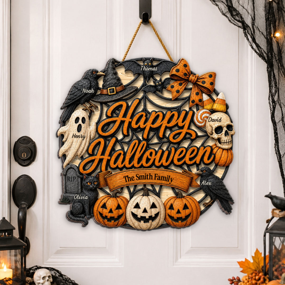 Halloween Wreath Ghost Pumpkin - Personalized Wood Sign - Happy Halloween Sign for Porch Window Door