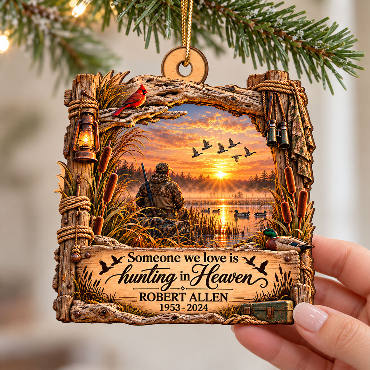 Hunting In Heaven Duck Hunting 2D Flat - Personalized Wooden Ornament - Memorial Sympathy Gift
