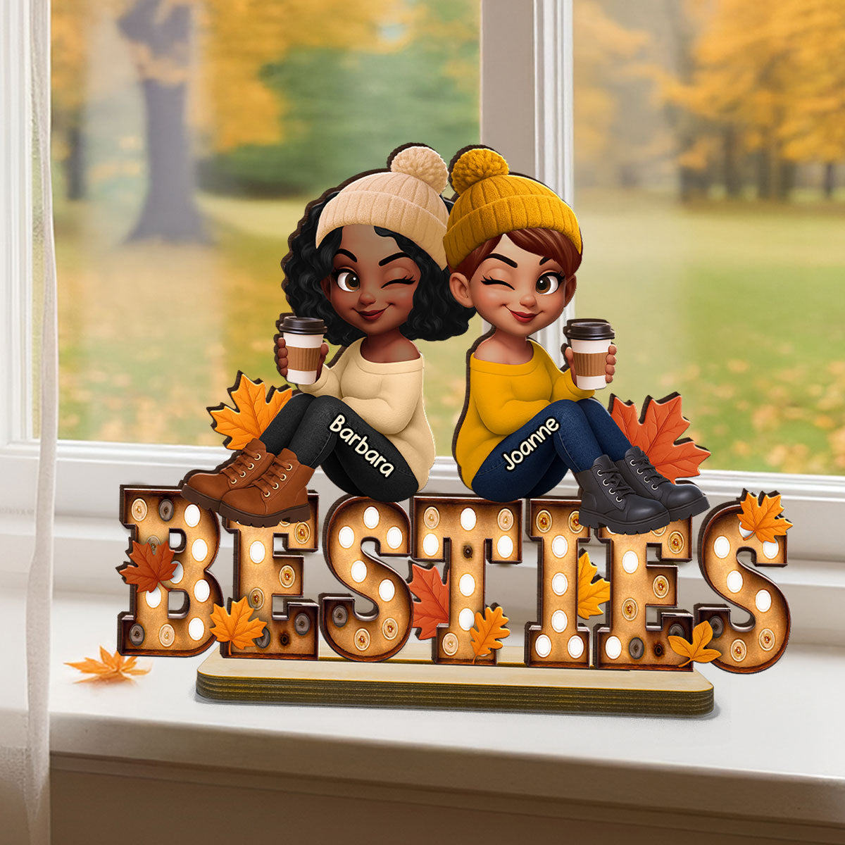 Fall Besties Sitting On Text Marquee Effect Personalized Standing Wooden Plaque, Meaningful Gift For Best Friends