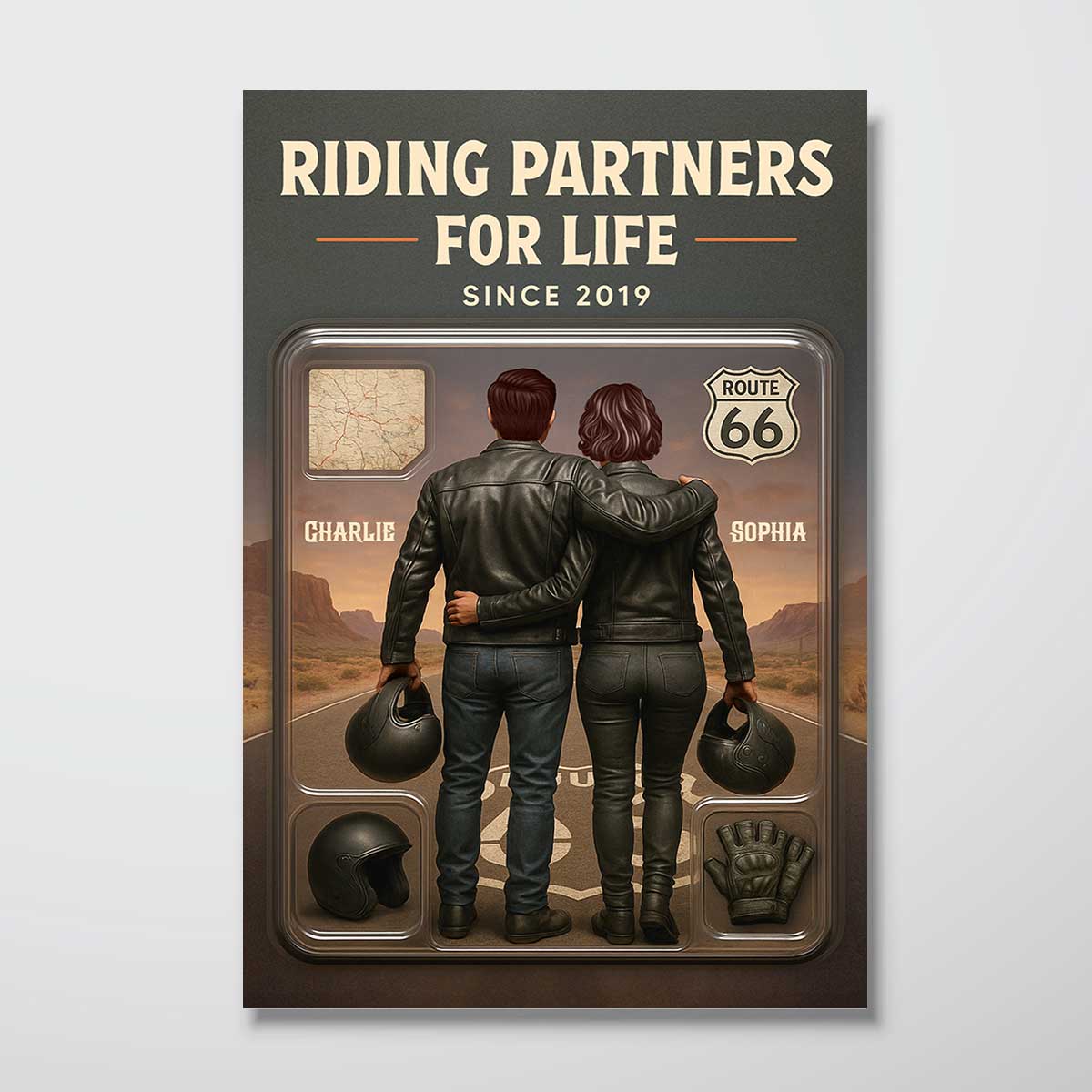 3D Effect Custom Figure Couple Bikers Riding Partners For Life - Personalized Poster - Heartfelt Gift For Bikers