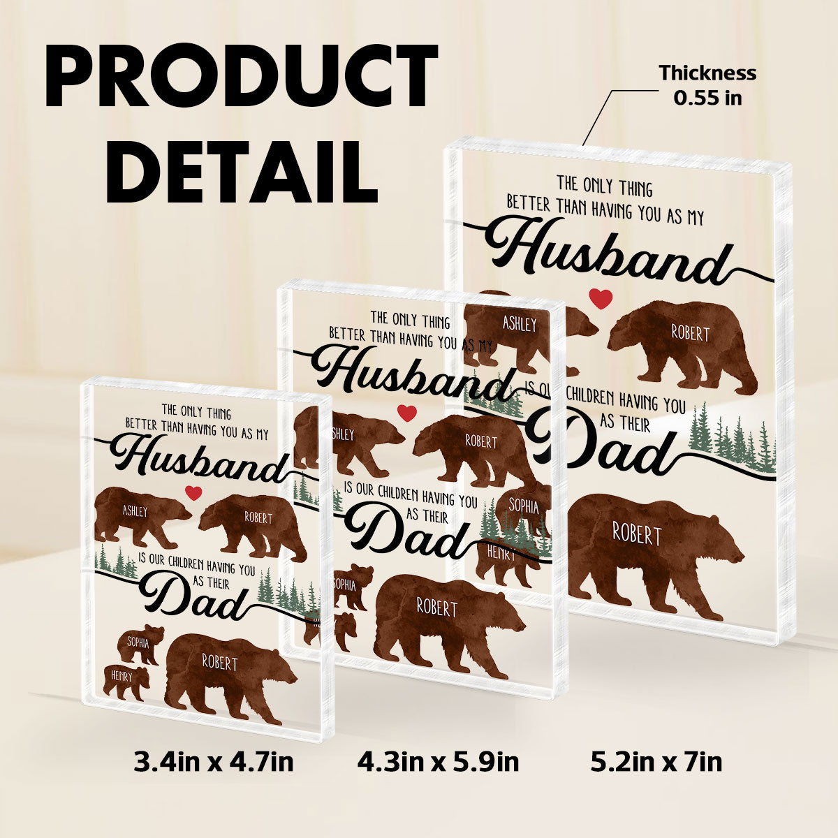 Bear Family Personalized Acrylic Block, Father's Day gift for Husband