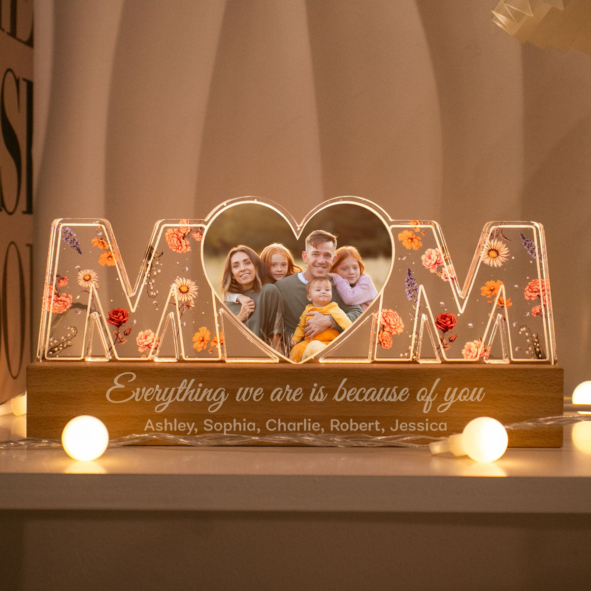 Mom Everything I Am Is Because Of You Personalized LED Night Light, Birth Month Flower, Gift For Mom, Grandma