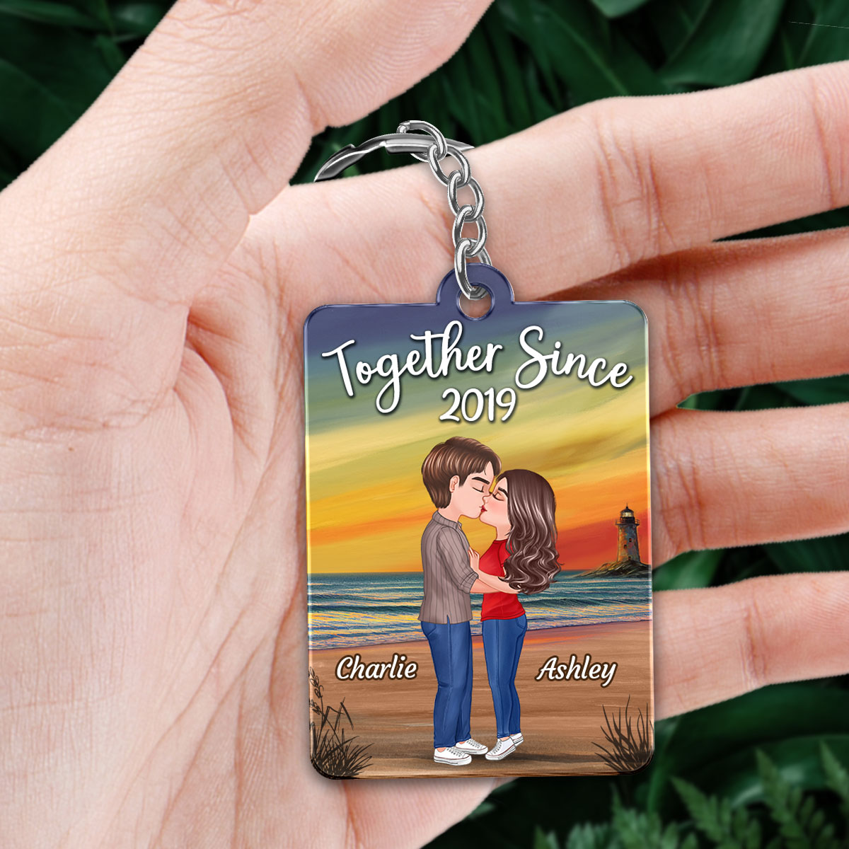 Summer Doll Couple Kissing Sunset Beach Favorite Song Scannable QR Code Personalized Acrylic Keychain