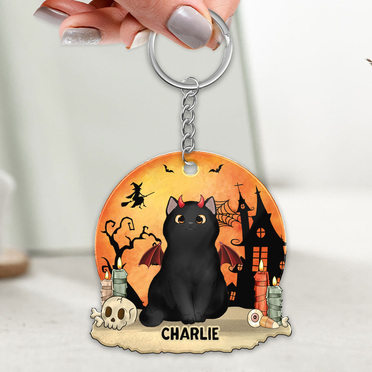 Orange Moon Halloween Fluffy Cat Sitting Personalized Acrylic Keychain