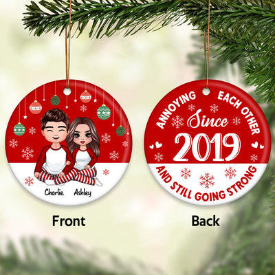Doll Couple Sitting Hugging Red Background Personalized Double Sided Circle Ornament