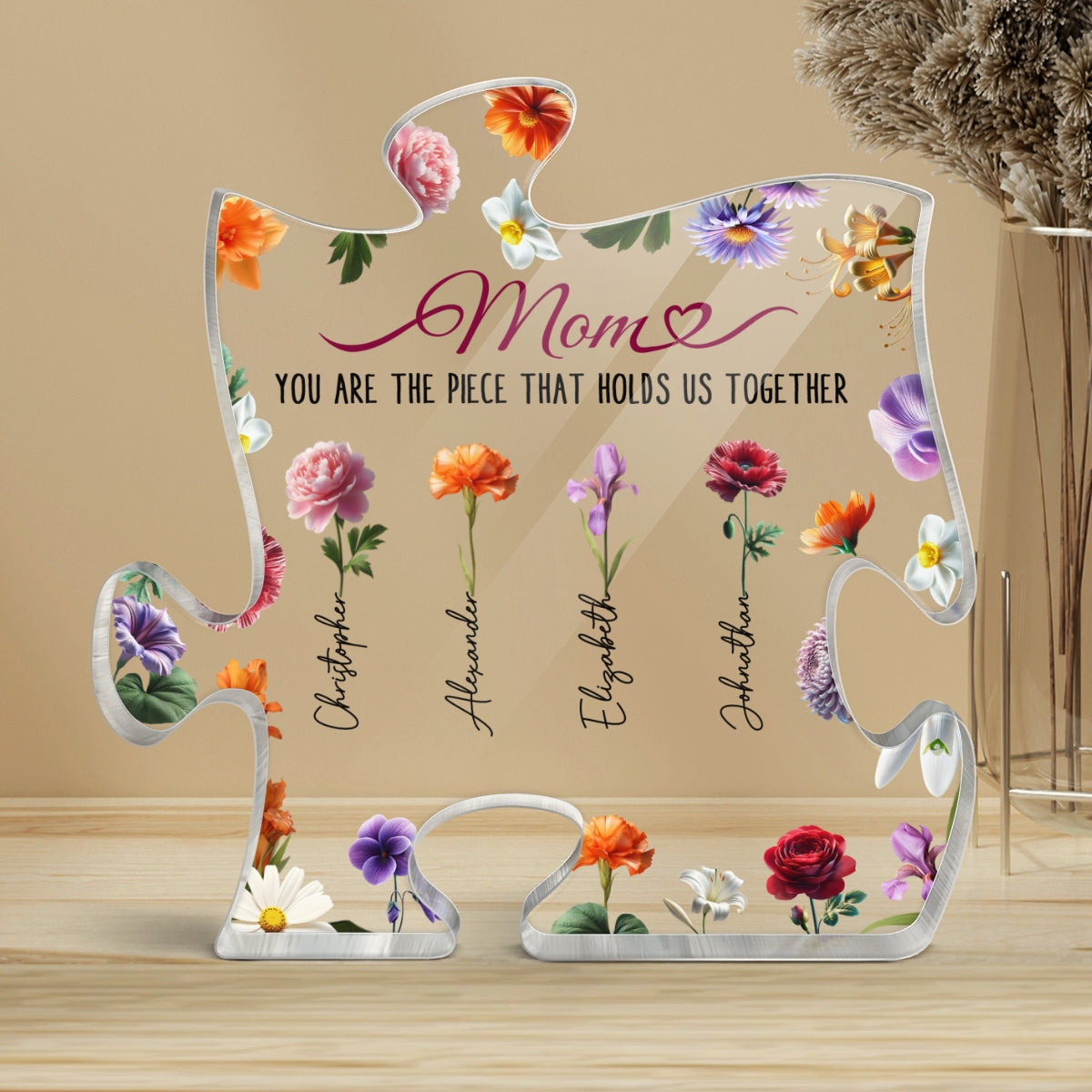 3D Effect Birth Month Flower Mom You Are The Piece That Hold Us Together Personalized Puzzle Acrylic Block Plaque