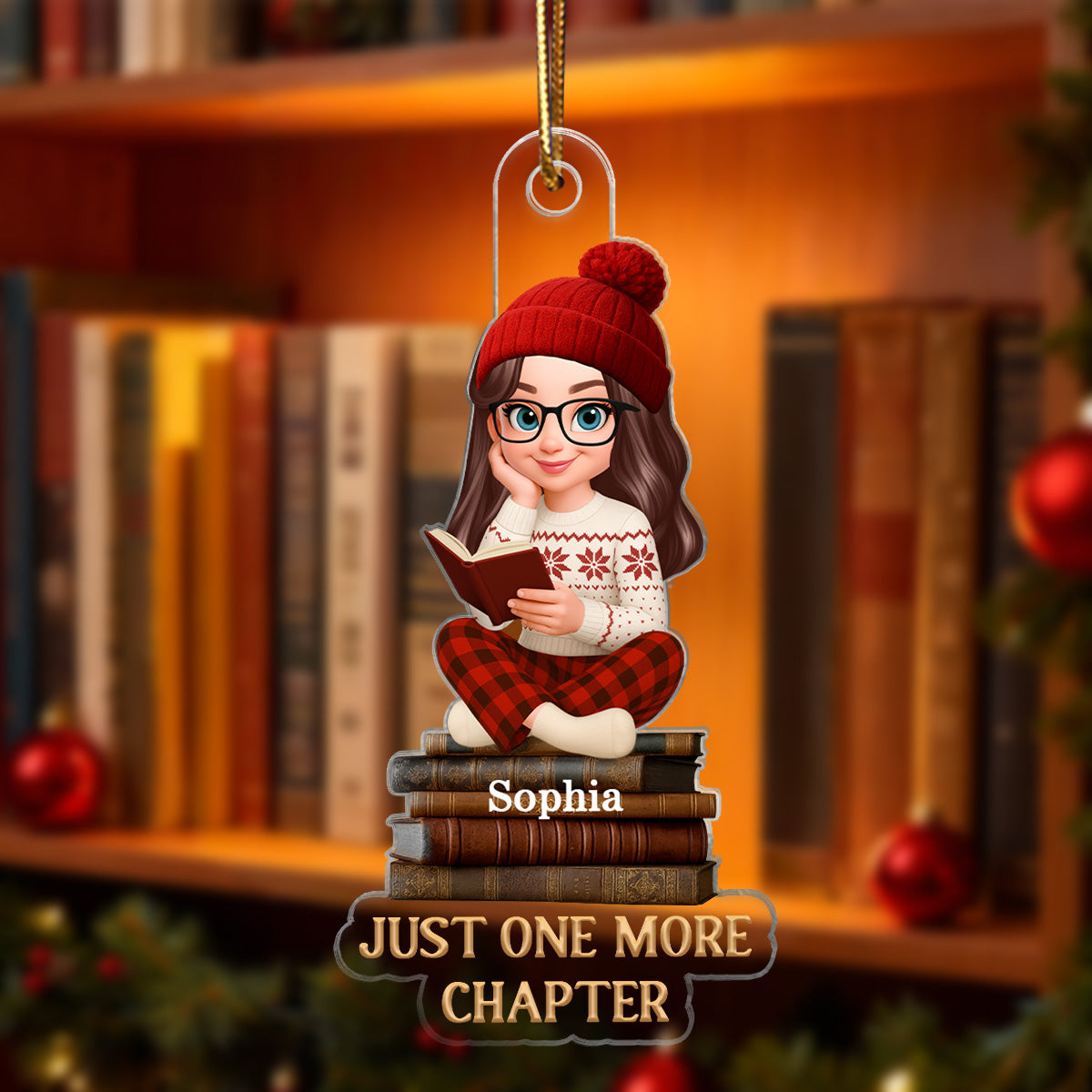 Christmas Cozy Vibe Retro Vintage Books Just One More Chapter - Personalized Acrylic Ornament - Christmas Gift For Book Lovers