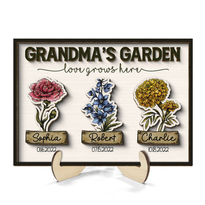 Grandma Garden Love Grows Here Grandkids Birth Flower Name and Birthday Personalized 2-Layer Wooden Plaque