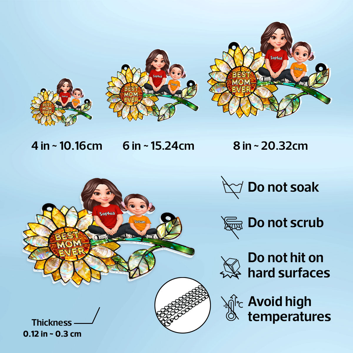 Sunflower Mom and Kids Sitting - Personalized Window Hanging Suncatcher - Mother's Day Gift for Mom, Wife