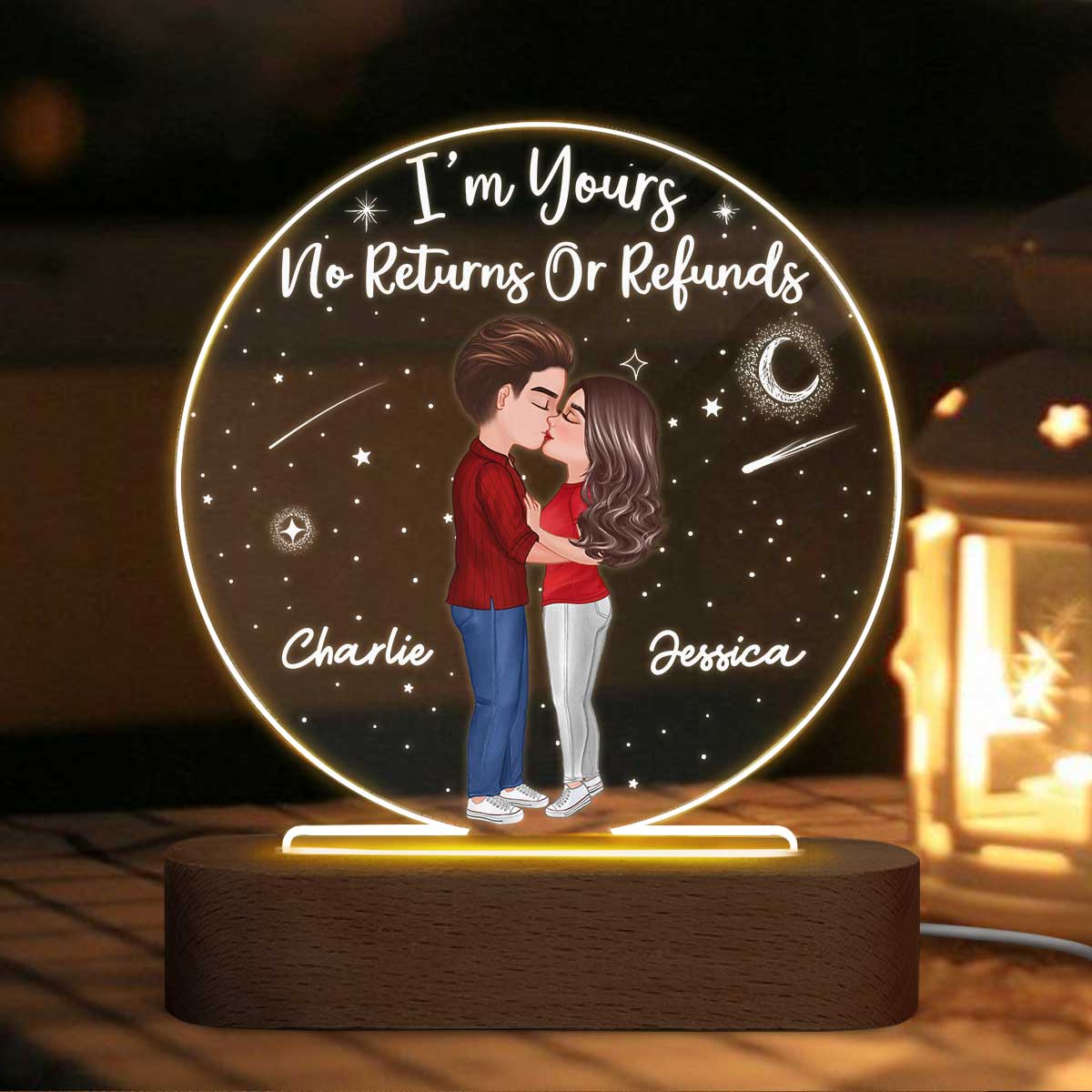 Doll Couple Kissing Personalized Circle Acrylic Plaque With LED Night Light - Valentine‘s Day Gift - Anniversary Gift For Her - Gift For Him