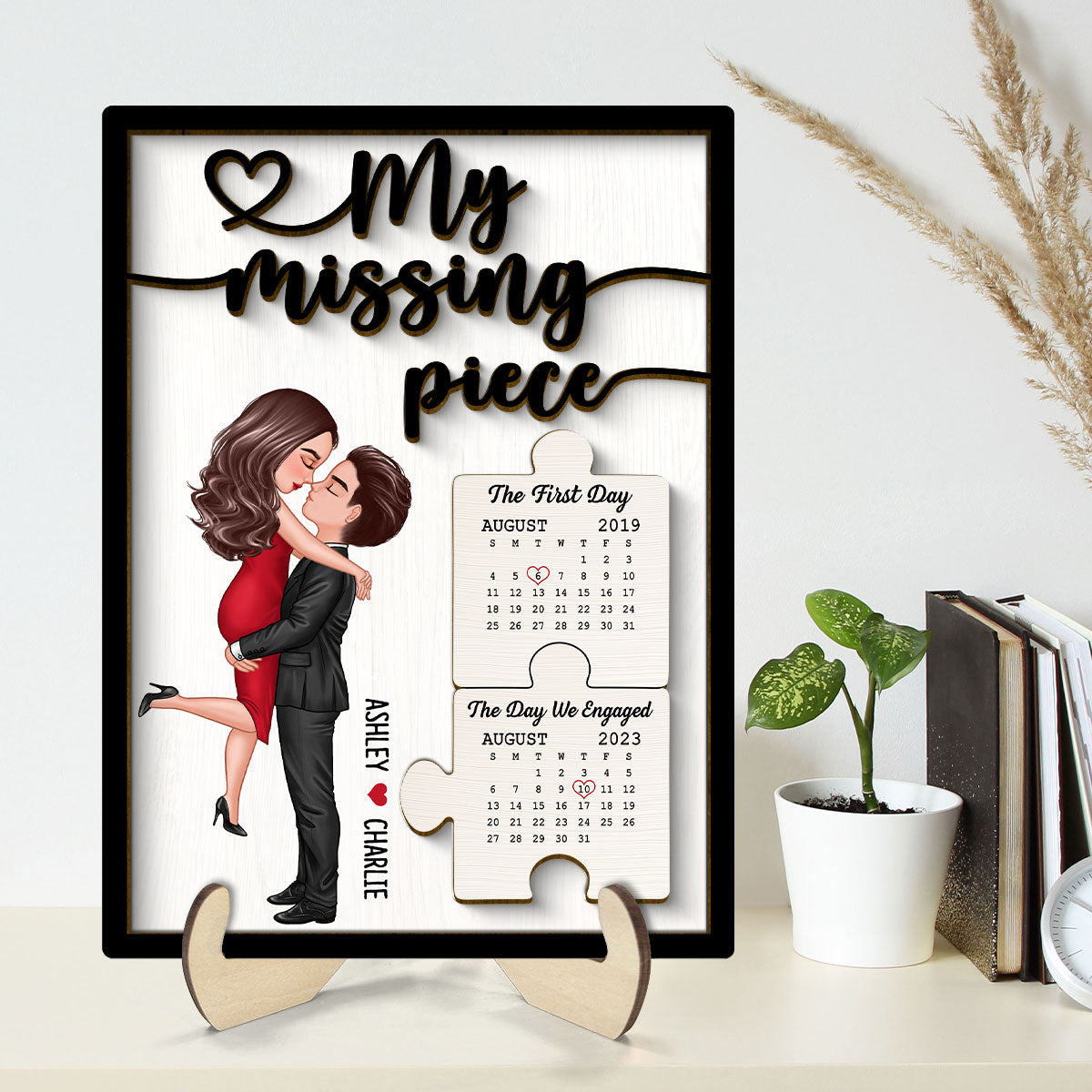 Couple Kissing Anniversary Dates Puzzle Personalized 2-layer Wooden Plaque