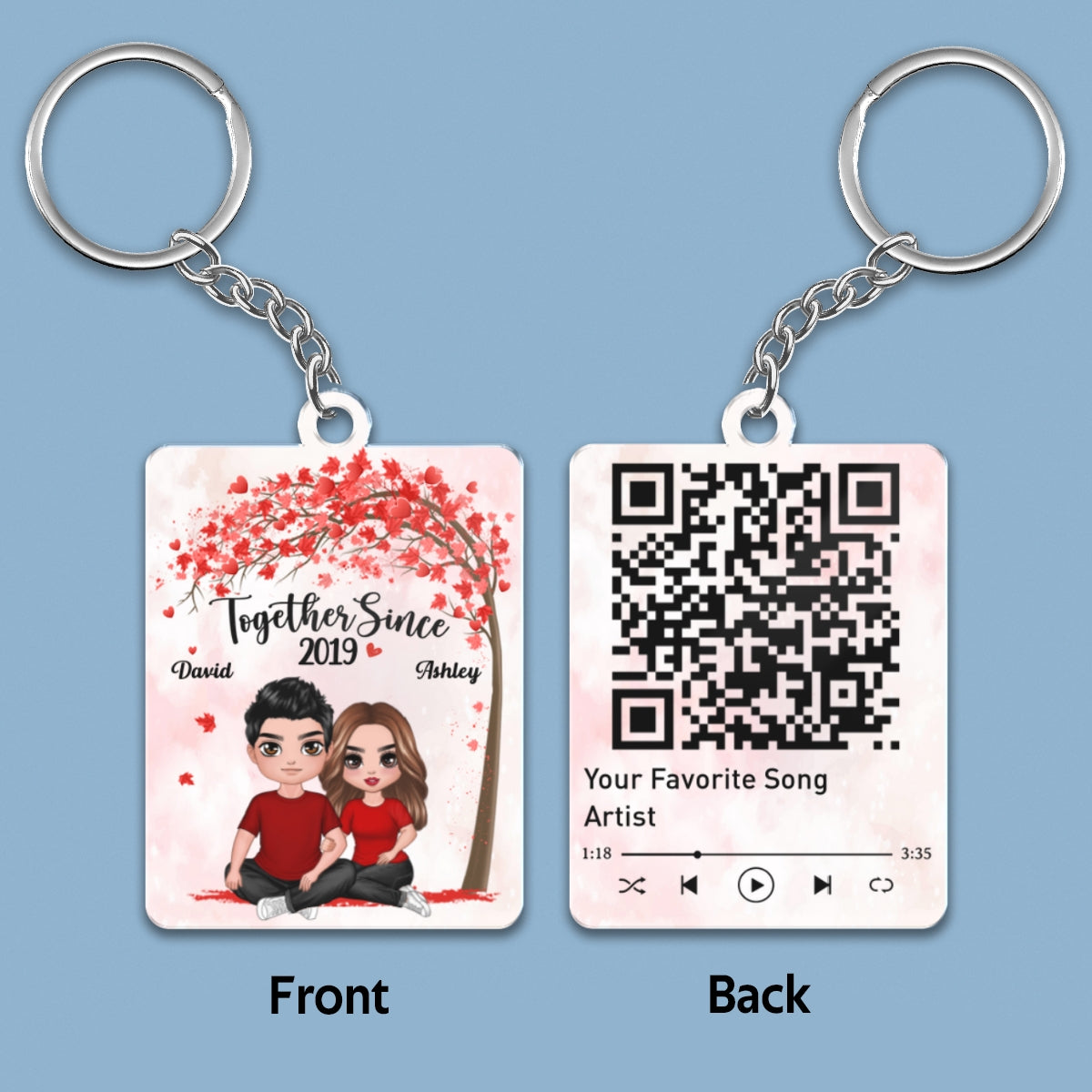 Embracing Couple Sitting Under Tree Favorite Song Scannable QR Code Personalized Acrylic Keychain