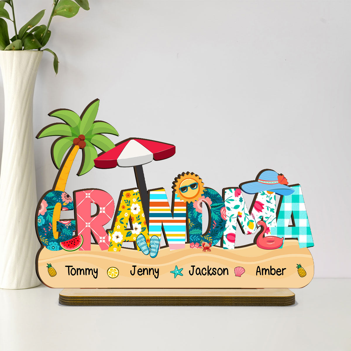Summer Grandma Mom Pattern Personalized 2-Layer Standing Wooden Plaque