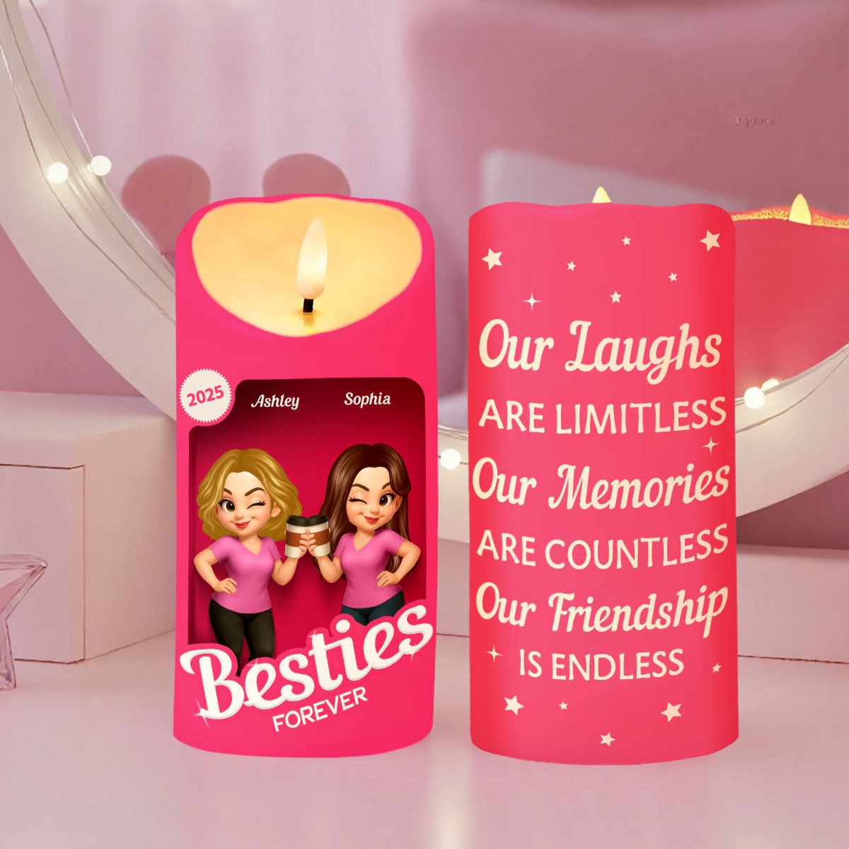 Pink Besties Our Friendship Is Endless Christmas Personalized LED Candle