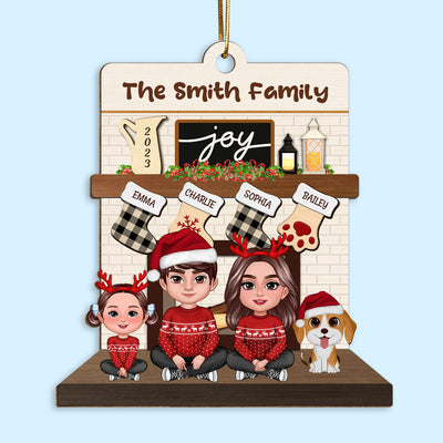 Couple Sitting With Dogs Cats Fireplace Personalized Wooden Ornament