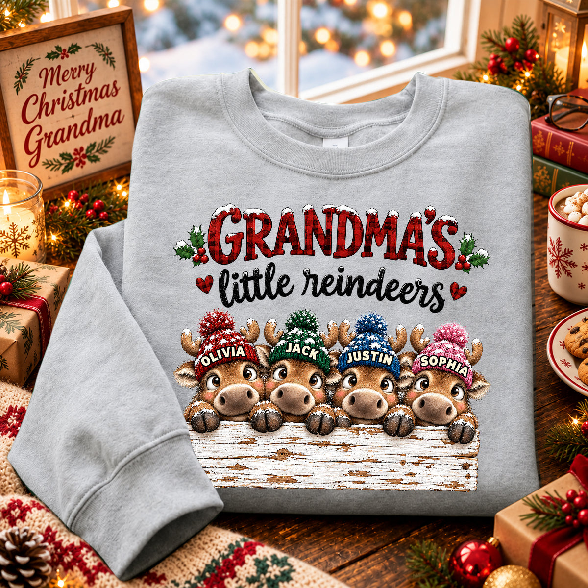 Grandma's Cute Peeking Reindeers - Personalized Shirt - Trendy Christmas Tee for Grandma, Thoughtful Christmas Gift for Mom, Wife