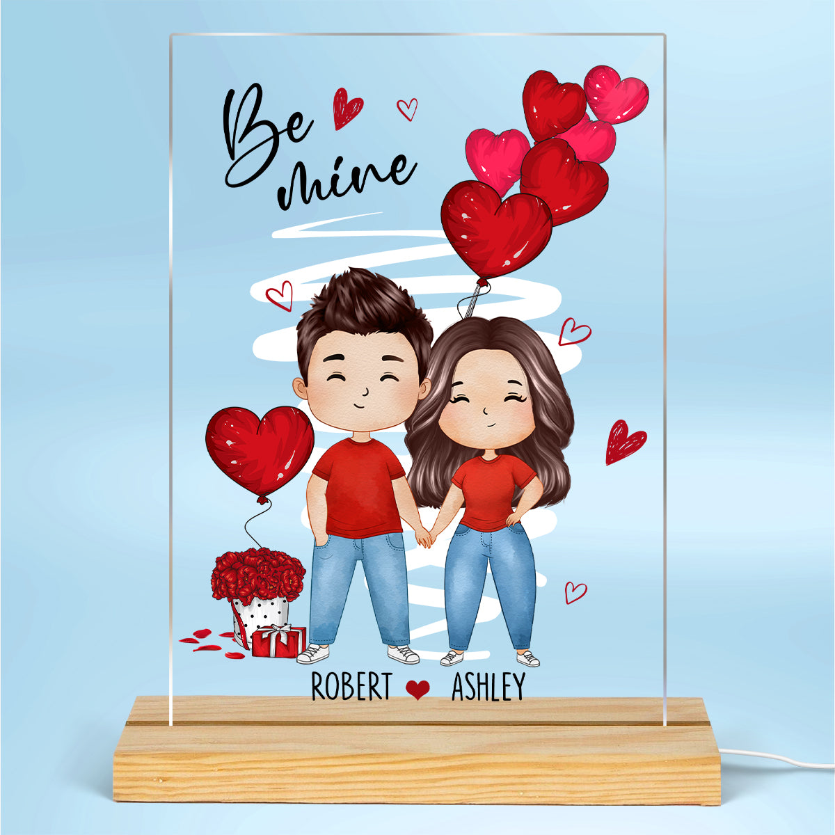 Be Mine Watercolor Couple Personalized Plaque LED Night Light - Gift For Him Gift For Her