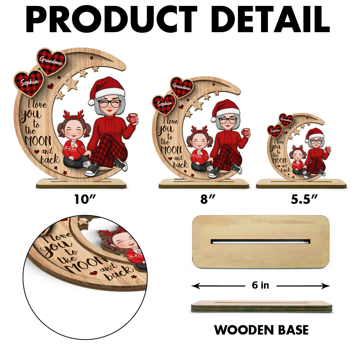 Checkered Pattern Heart Cute Grandma Grandkids Sitting On Moon Christmas Personalized 2-Layer Standing Wooden Plaque