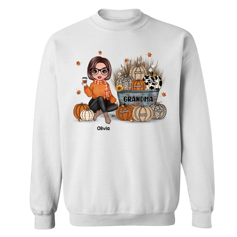 Grandma Mom Fall Season Sitting Pumpkin Bucket Personalized Shirt