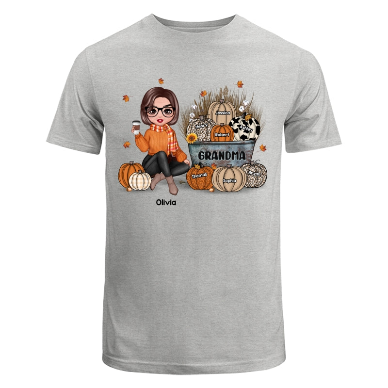 Grandma Mom Fall Season Sitting Pumpkin Bucket Personalized Shirt