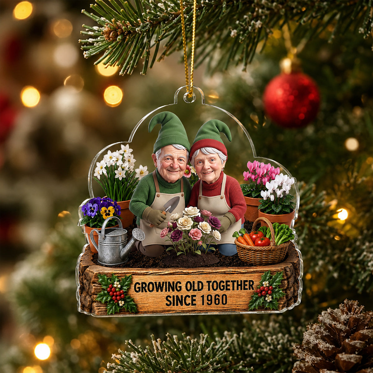 Garden Gnome Couple Growing Old Together - Personalized Acrylic Ornament - Christmas Gift for Him, for Her