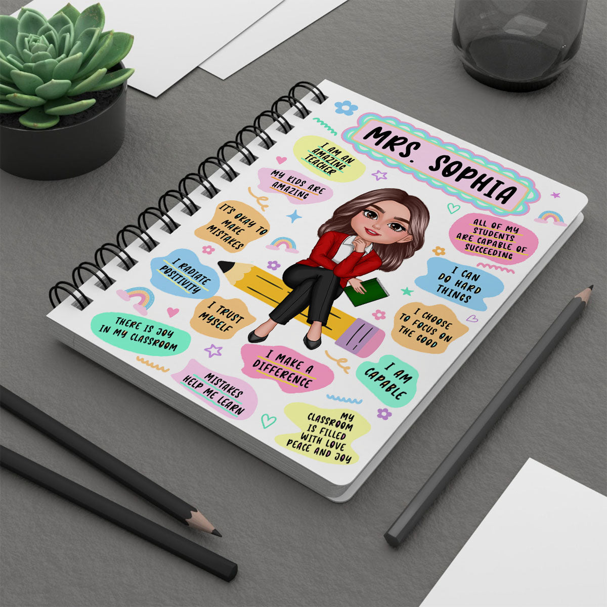 Teacher Daily Affirmation Personalized Spiral Notebook Journal, Back To School Stationery For Teacher
