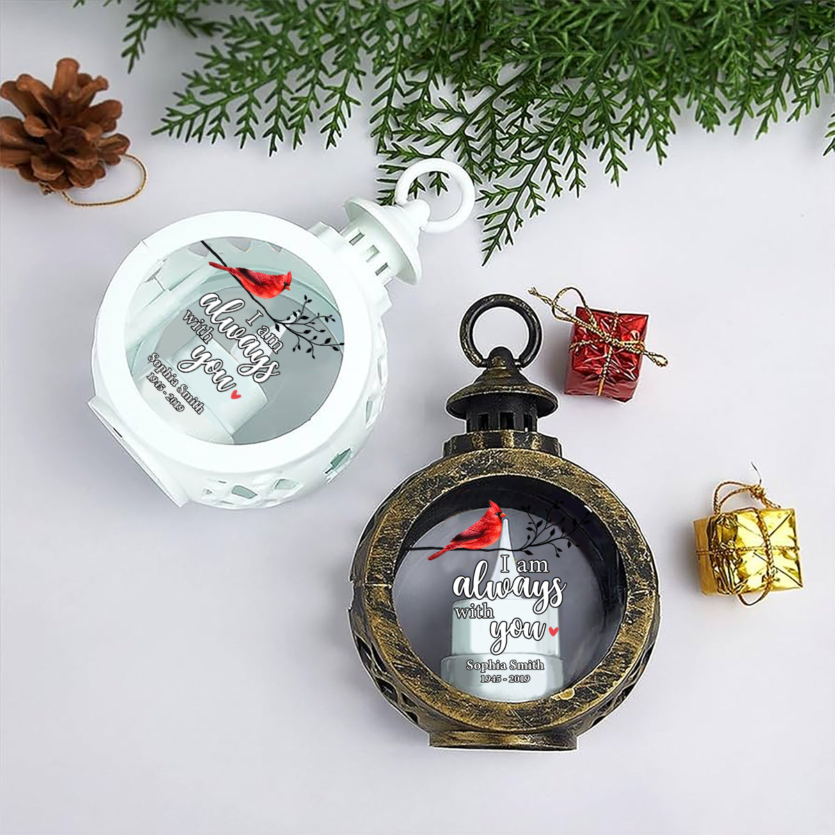 Always With You Cardinal On Branch Memorial Keepsake Personalized Lantern Ornament